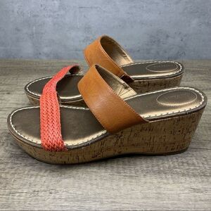 Lands End Mid Wedge Sandals Cork Heel Brown Sz 11B